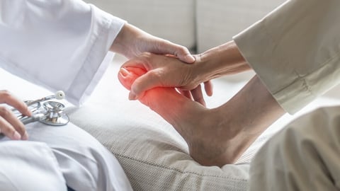 Peripheral Neuropathy pain in elderly patient on foot, hand, fingers, sensory nerves with numbness, muscle cramps, weakness from chronic inflammatory demyelinating polyneuropathy; Shutterstock ID 2489115907