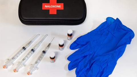 Calgary, AB - April 5, 2018:  Nalxone Kit including syringe and vials of Naloxone which is used to reverse the effects of an opioid overdose.; Shutterstock ID 1062517559