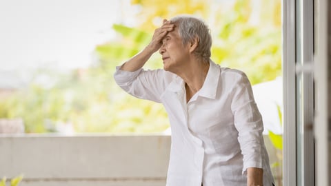 Exhausted senior woman has headache dizziness from the sizzling summer temperatures,old elderly suffering from hot summer weather,symptoms of heat stroke,high temperature on a sunny day,feeling faint; Shutterstock ID 1954929409