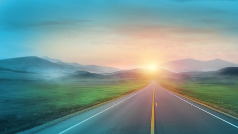 Mountain road. Landscape with green field, sunny sky with clouds and beautiful asphalt road in the morning. Scenic background. Road to mountains. Transportation, direction, business goal, hope.; Shutterstock ID 2029850105