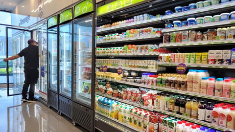 PENANG, MALAYSIA - 26 MAR 2022: Huge fridge with various choice foods and beverages in CU Convenience Store. CU is a South Korean convenience store chain that is operated and owned by BGF Retail.; Shutterstock ID 2147994765