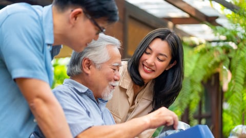 Asian adult couple surprised elderly father with gift box at outdoor cafe restaurant on summer holiday vacation. Family relationship, celebrating father's day and senior people health care concept.; Shutterstock ID 2458223983