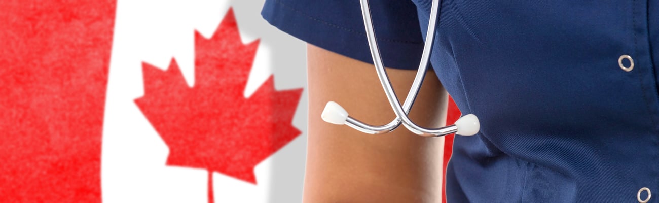 Arm of a healthcare worker in the foreground with a Canadian flag behind