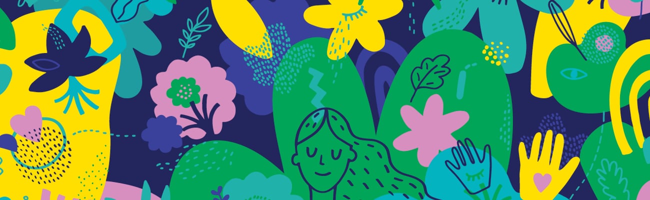 Cartoon of a woman surrounded by colourful plants