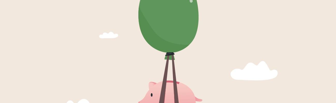 Cartoon of a pig being held up by. green balloon