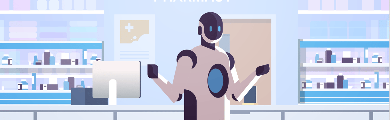 A cartoon robot standing in a pharmacy dispensary