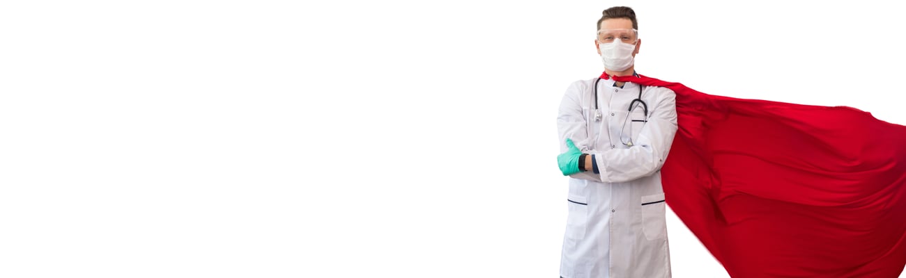 doctor in white coat and mask wearing a bright red cape and looking strong