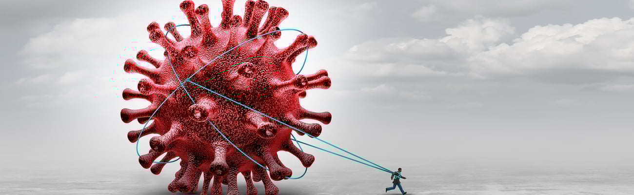 A tiny person tied to a coronavirus