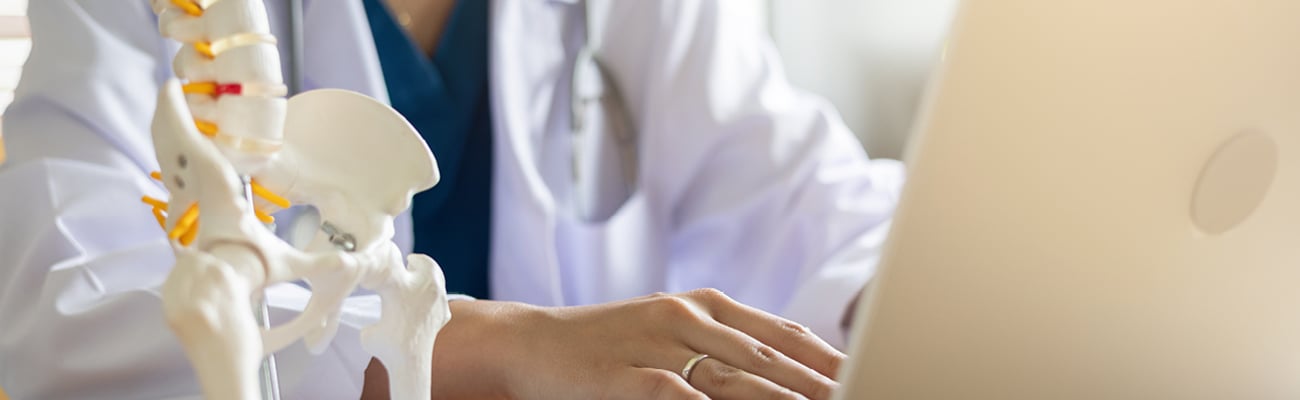 Woman healthcare professional typing on a laptop with a pelvic bone display in the foreground