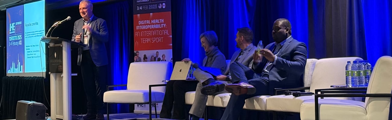 From left to right: Canada Health Infoway's Attila Farkas, Amanda Gray of British Columbia, Duncan Worden of Alberta and Emmanuel Tackie of New Brunswick speak at a panel at IHE North America Connectation in Toronto on Feb. 10, 2025.