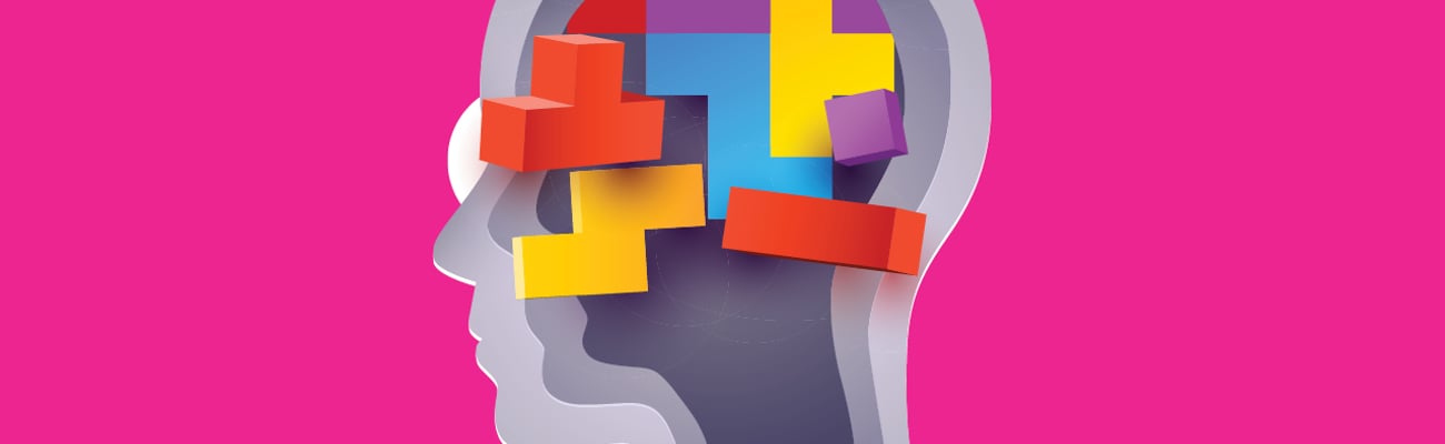 Brain with game pieces in it.