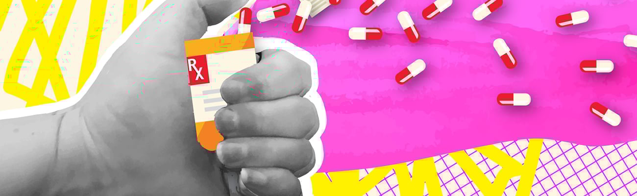 Cartoon of a hand opening a prescription bottle of pills