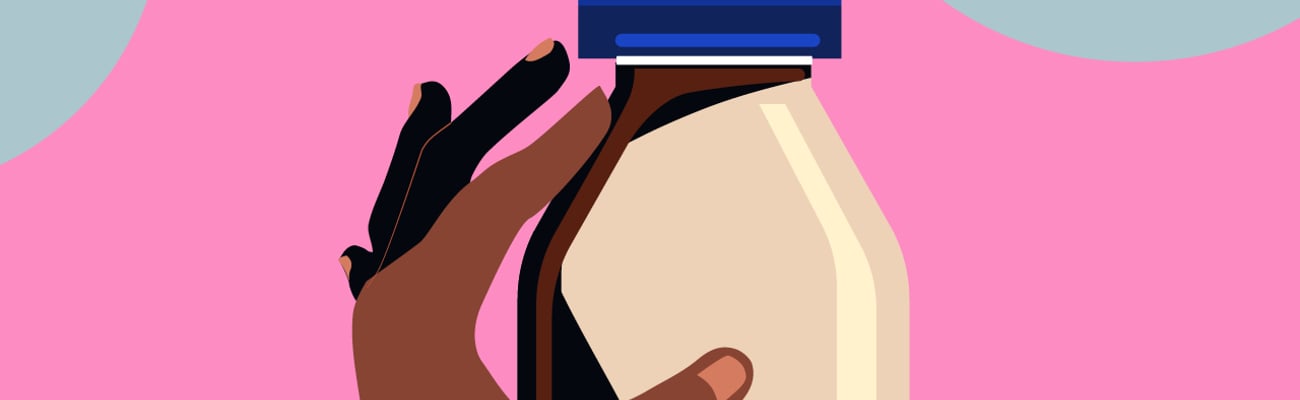 Cartoon of a brown hand holding a bottle