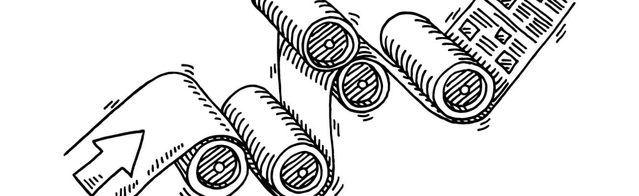 Cartoon of rolled up newspapers coming off the presses