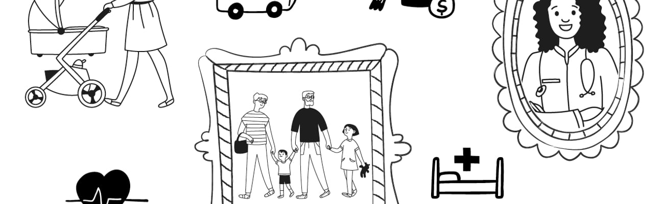 Various cartoons representing different healthcare issues