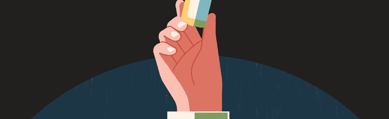 Cartoon of a pharmacist holing up a pill bottle