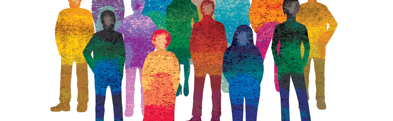 A colourful cartoon of a group of diverse people in silhouette