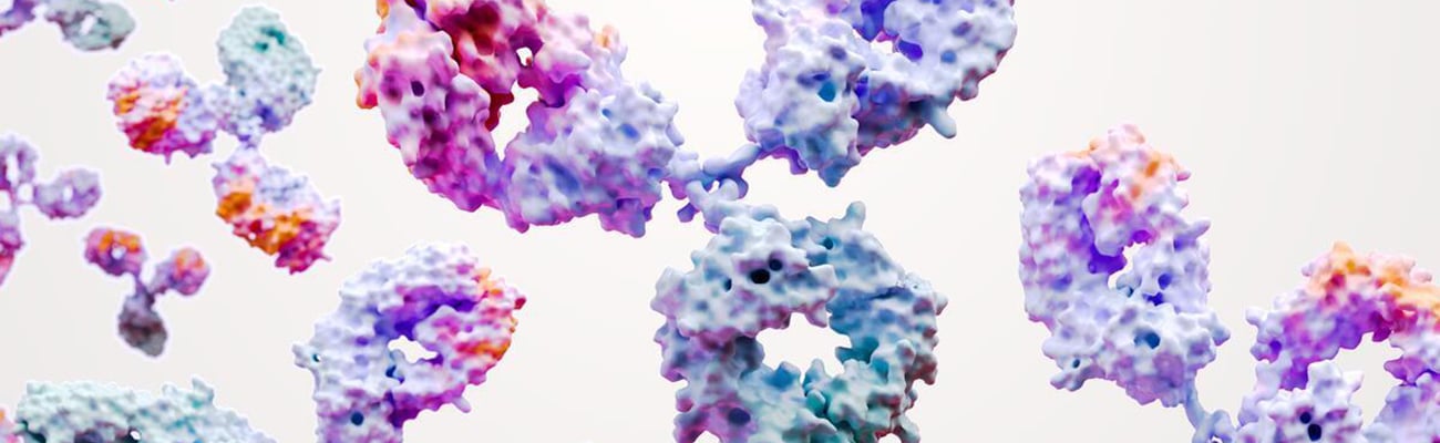 Colourful 3D molecular structures on white background.