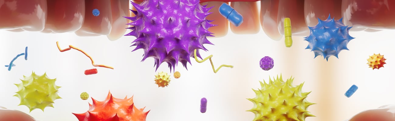 colourful bacteria in mouth, illustration, horizontal