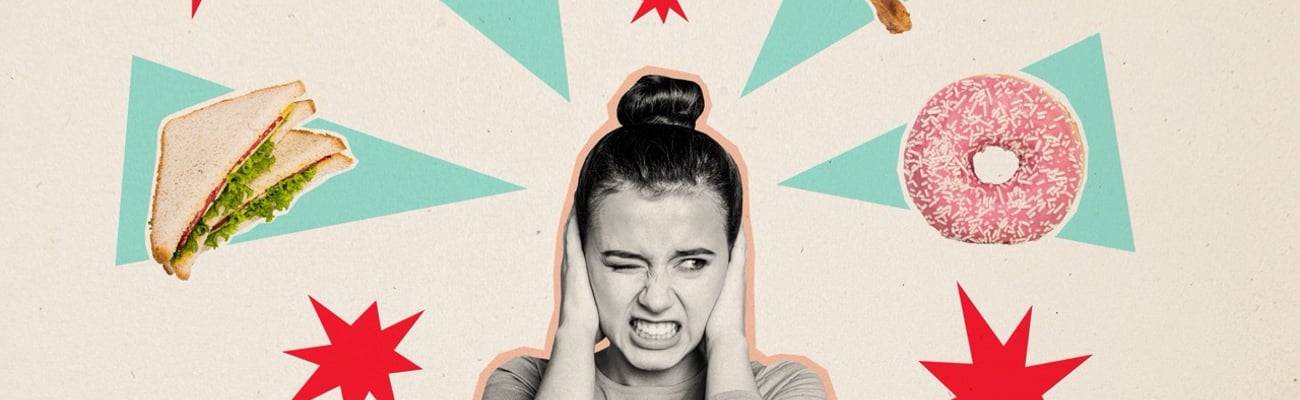 Horizontal photo collage of mad angry annoyed young girl covering her ear with her hands trying to avoid fast food