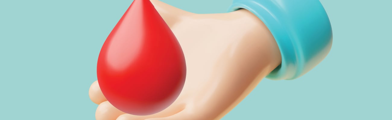 A cartoon of a hand holding a giant drop of blood