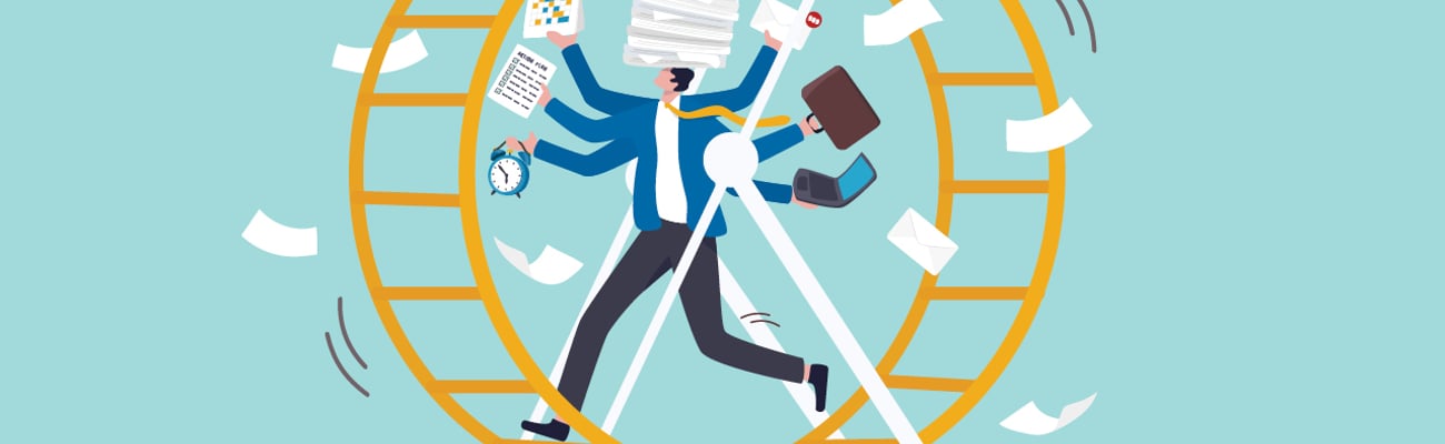 Cartoon of a professional on a giant hamster wheel