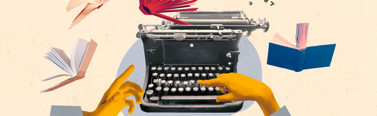 Pop art concept with a woman's hands using a typewriter 