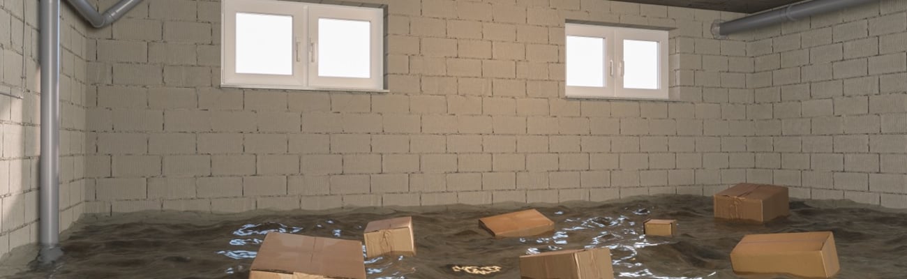 A flooded basement with boxes.