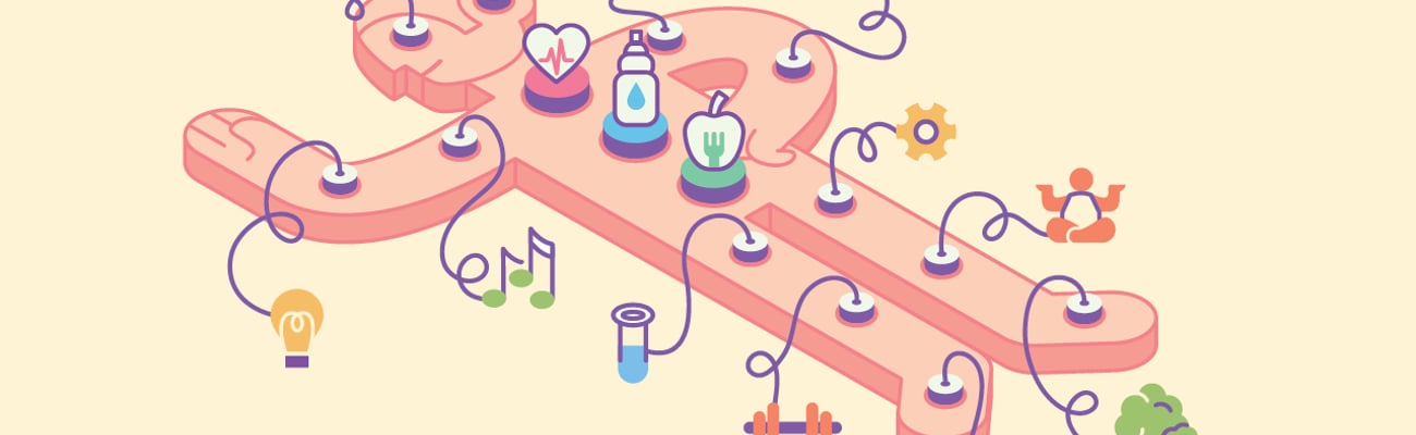 Cartoon of a man with lots of wires coming out of him leading to different items representing various health concepts