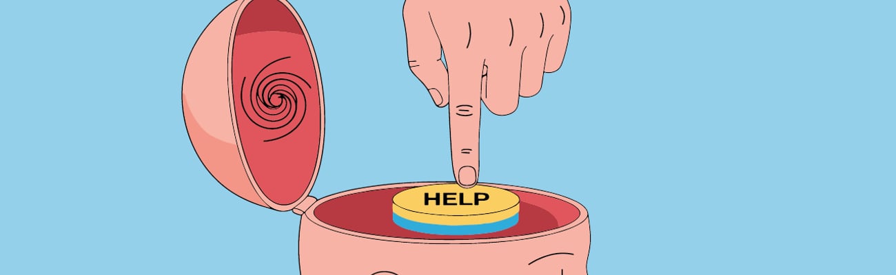 A cartoon of a head opening up with a 'Help' button inside and a hand reaching down to press it