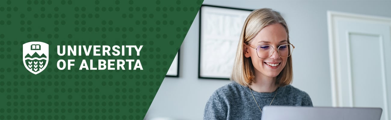 Smiling woman using laptop, University of Alberta logo.