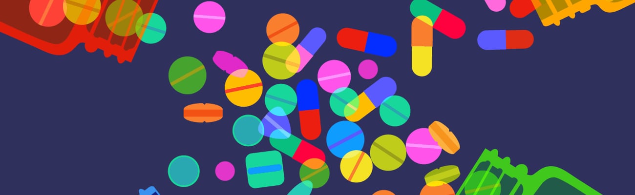 A cartoon of multicoloured pill bottles all spilling into the centre