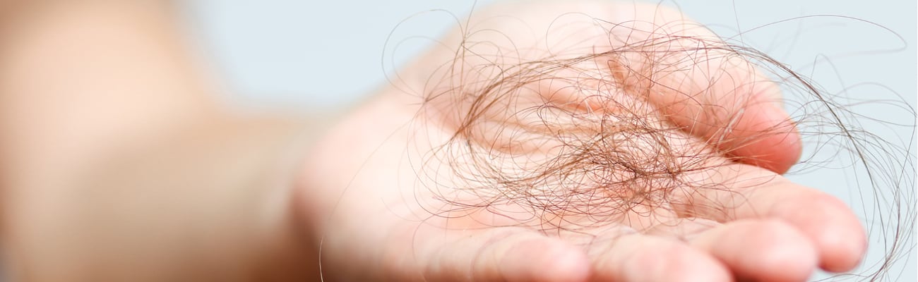 A fair-skinned hand holding a clump of brown hair
