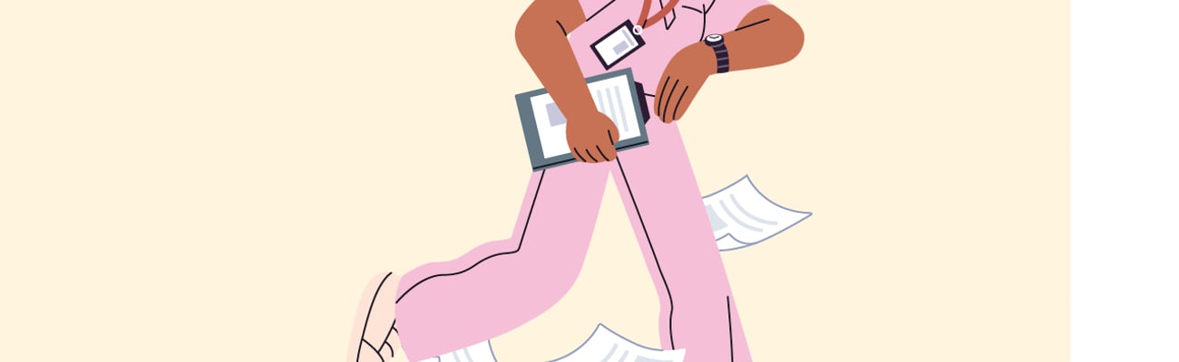 Cartoon of a busy doctor in pink scrubs looking at her watch