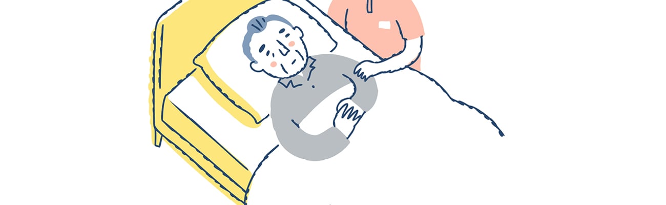 A cartoon of an old man in a hospital bed with a young woman comforting him