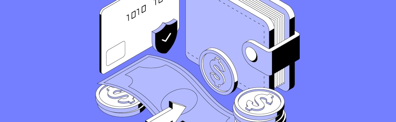 A cartoon of various money concepts including a wallet, credit card and coins