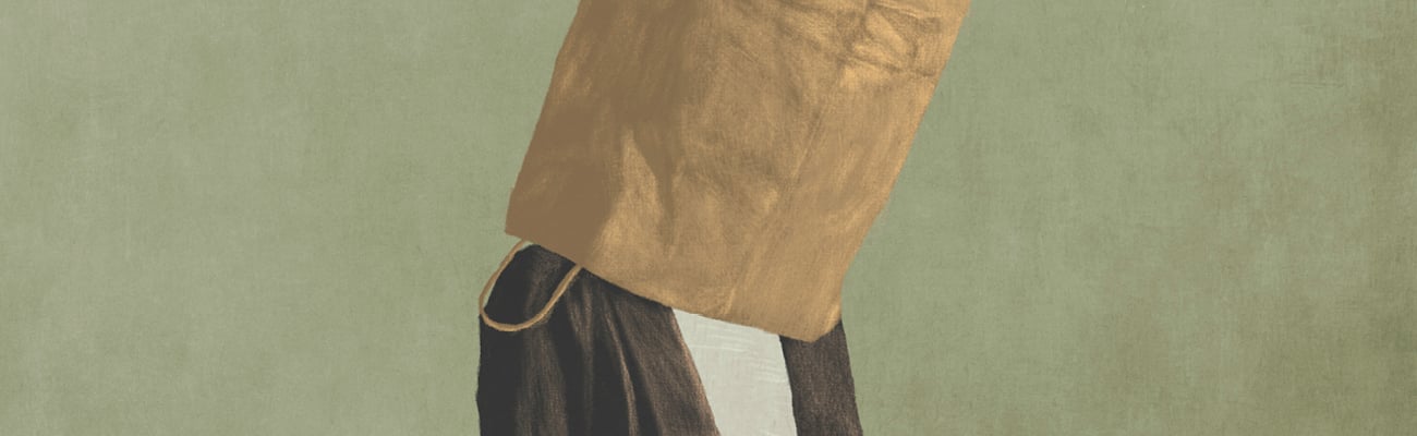 A painting of a person with a paper bag on their head