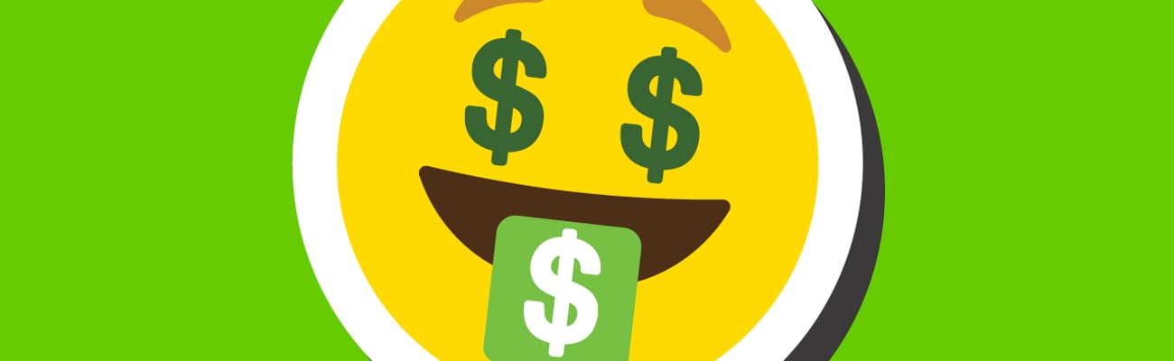 A smiley face emoji with dollar signs in its eyes and a green tongue sticking out