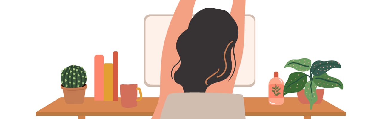 Cartoon of a woman from behind stretching at her desk