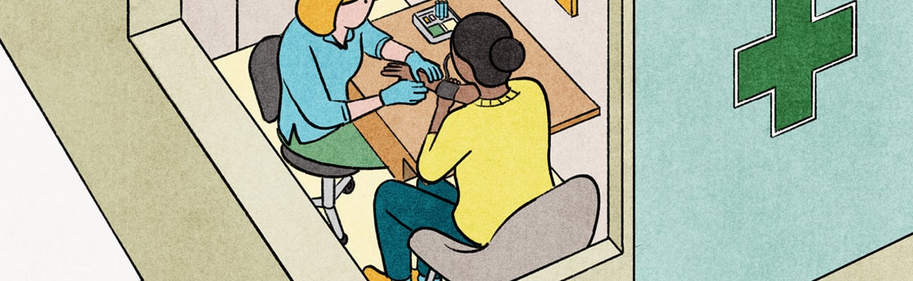 A cartoon of a pharmacist helping a patient in a private area