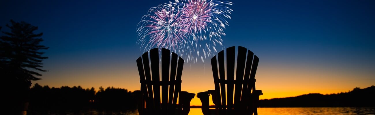 Canada day fireworks on a lake in Muskoka, Ontario Canada. On the wooden dock two Adirondack chairs are facing the sunset orange hues ; Shutterstock ID 2089465036