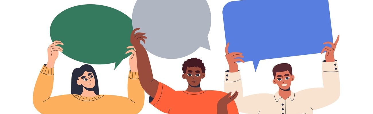 Group of people of various races are holding speech bubbles. Customer feedback, testimonial, online survey, communication, speech,chat. Social network dialogue. User satisfaction. Flat illustration.; Shutterstock ID 2176848123
