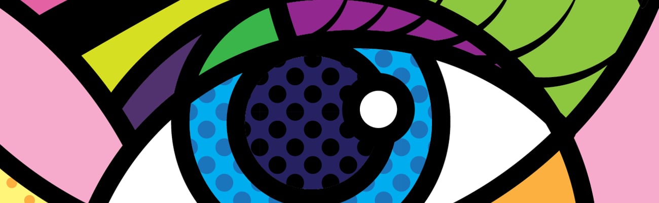 A cartoon eye with many colours surrounding