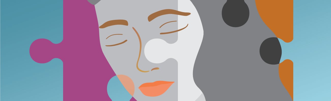 A cartoon of a sad woman superimposed with puzzle pieces