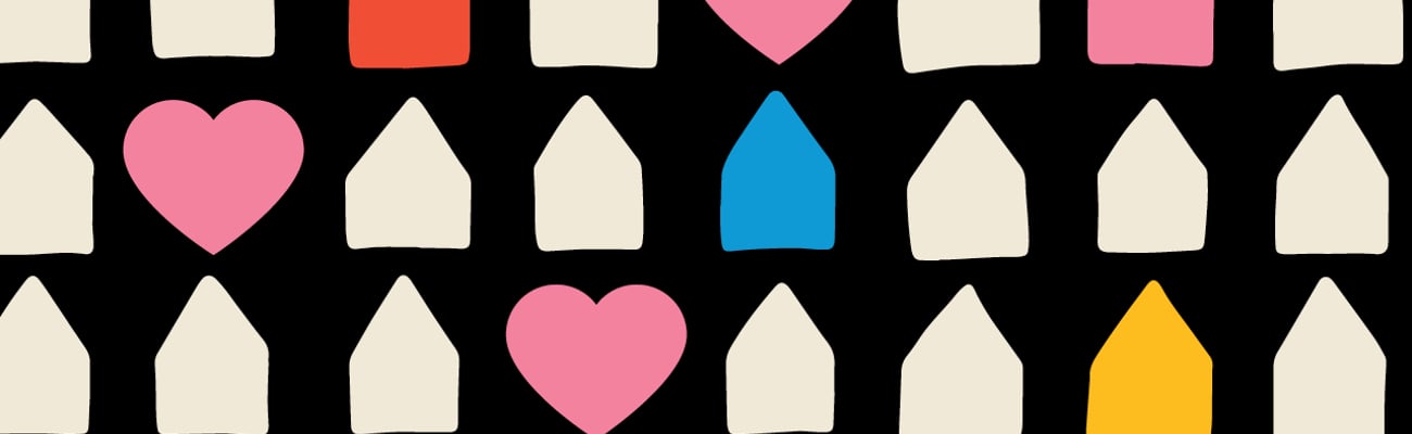 A cartoon of several little houses in different colours with a few pink hearts peppered throughout on a black background