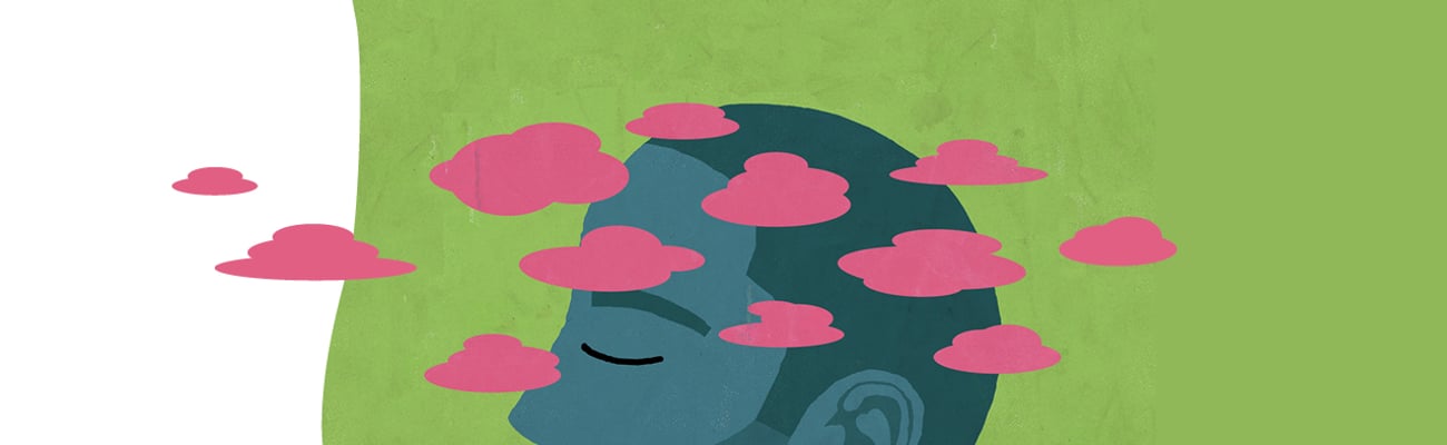 Cartoon man with his head in pink clouds dreaming a happy dream