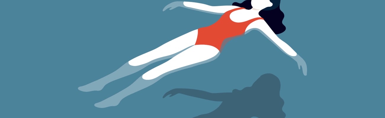 Cartoon of a woman floating in a swimming pool