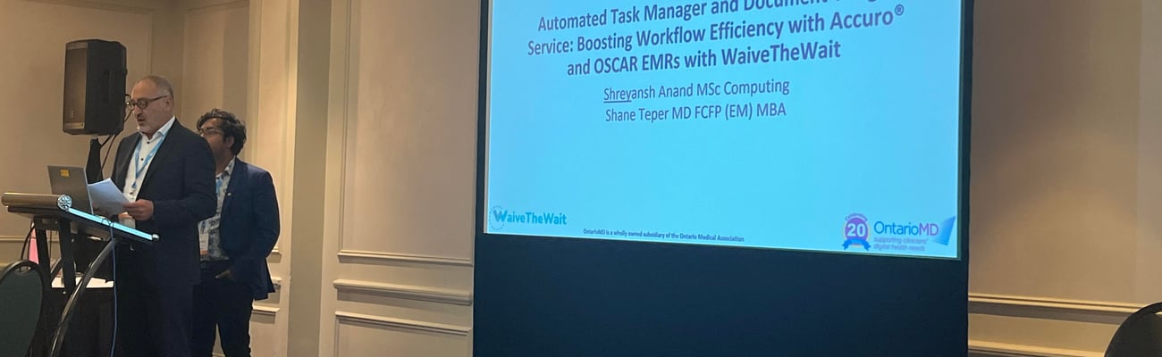 Dr. Shane Teper (front) and Shreyansh Anand (back) of WaiveTheWait present at OntarioMD’s Digital Health Conference 2024. (Tom Yun)