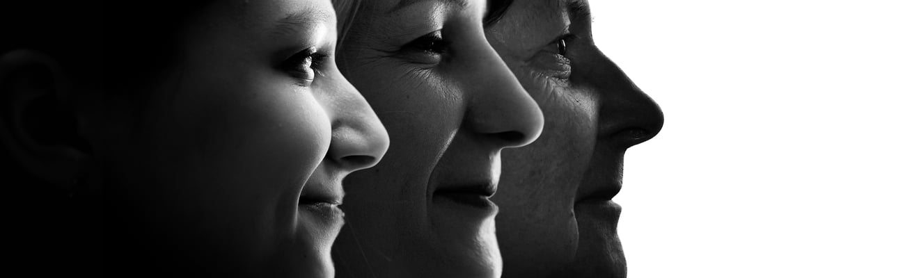 profile of women's faces, different generations in black-and-white