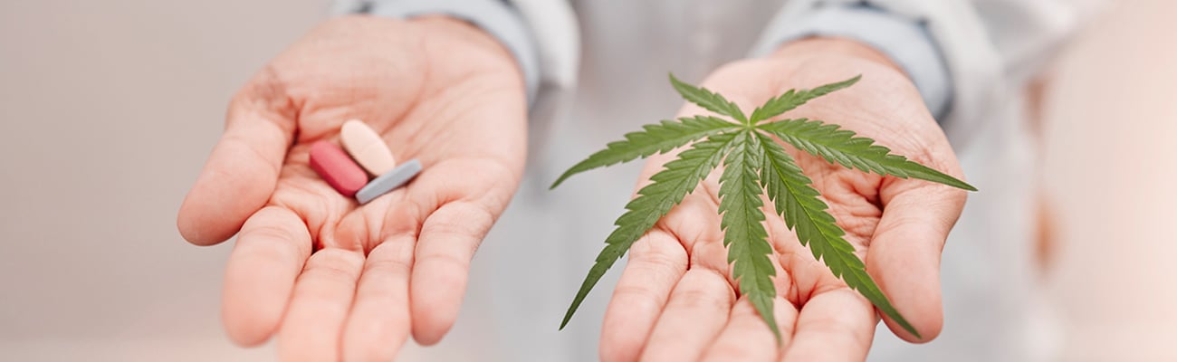 Woman's hands holding a cannabis leaf and a pile of pills in each hand